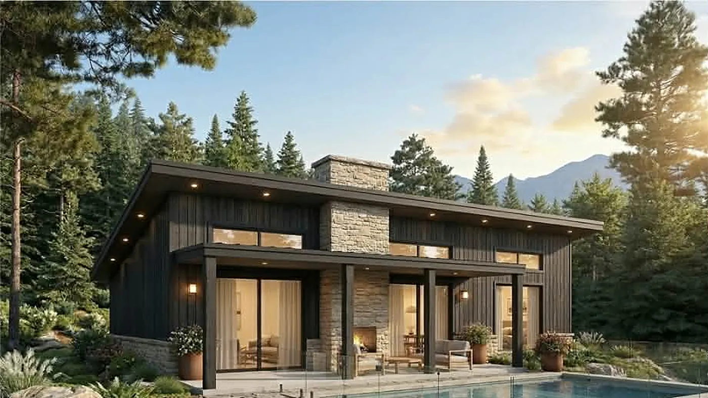 Chalet préfabriqué noir avec cheminée de pierre et piscine, devant les montagnes