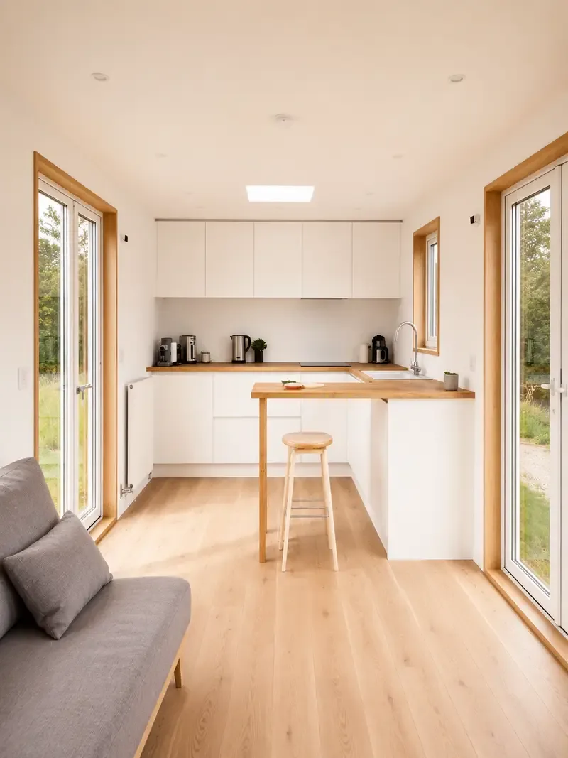 Cuisine blanche avec comptoir de bois, portes-fenêtres et salon dans une unité d'habitation accessoire