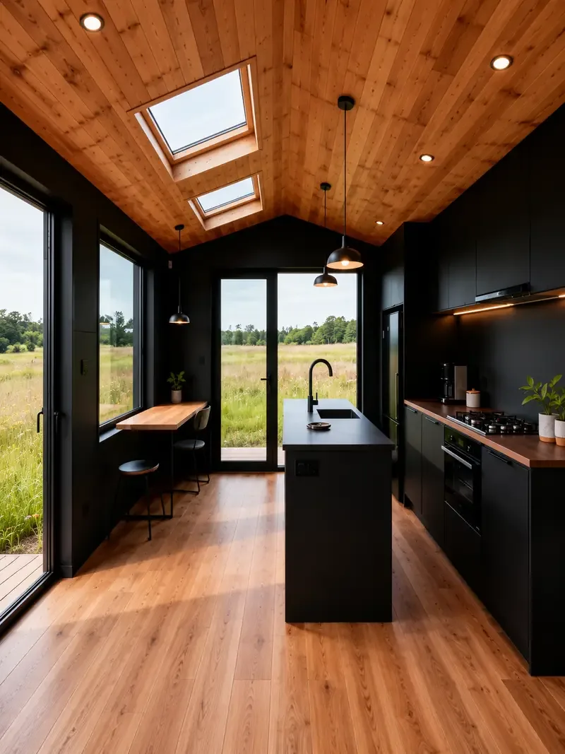 Exemple d'ambiance de la gamme Luxe : cuisine noire, plafond de bois et puits de lumière