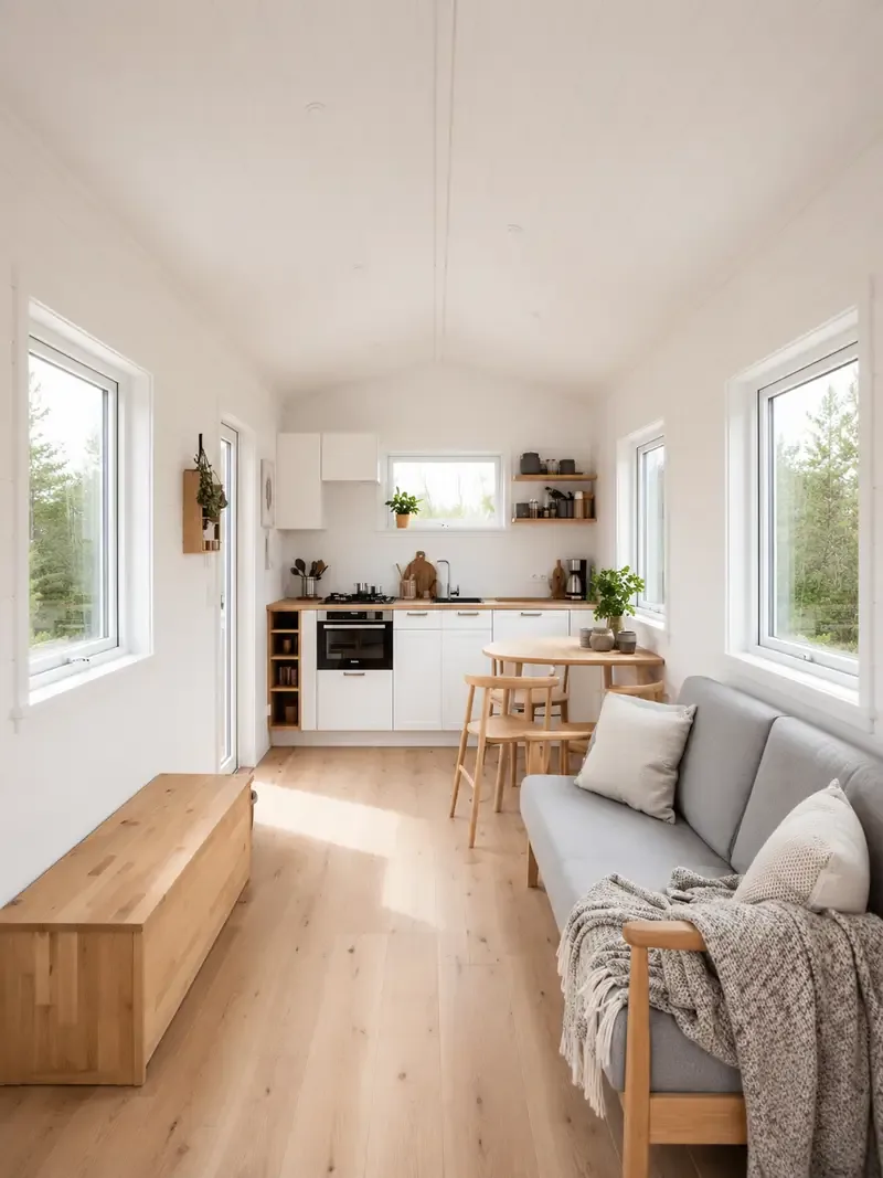 Exemple d'ambiance de la gamme Base : pièce à vivre blanche avec cuisine et coin repas