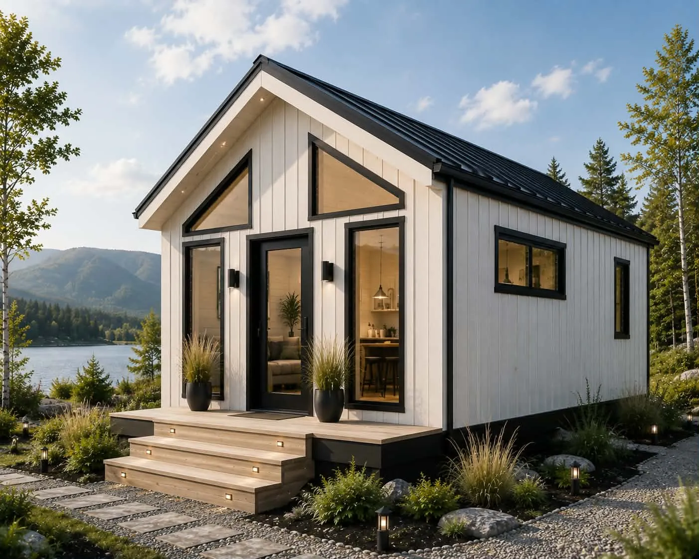 Mini-maison blanche à pignon avec fenêtres triangulaires et toit métallique
