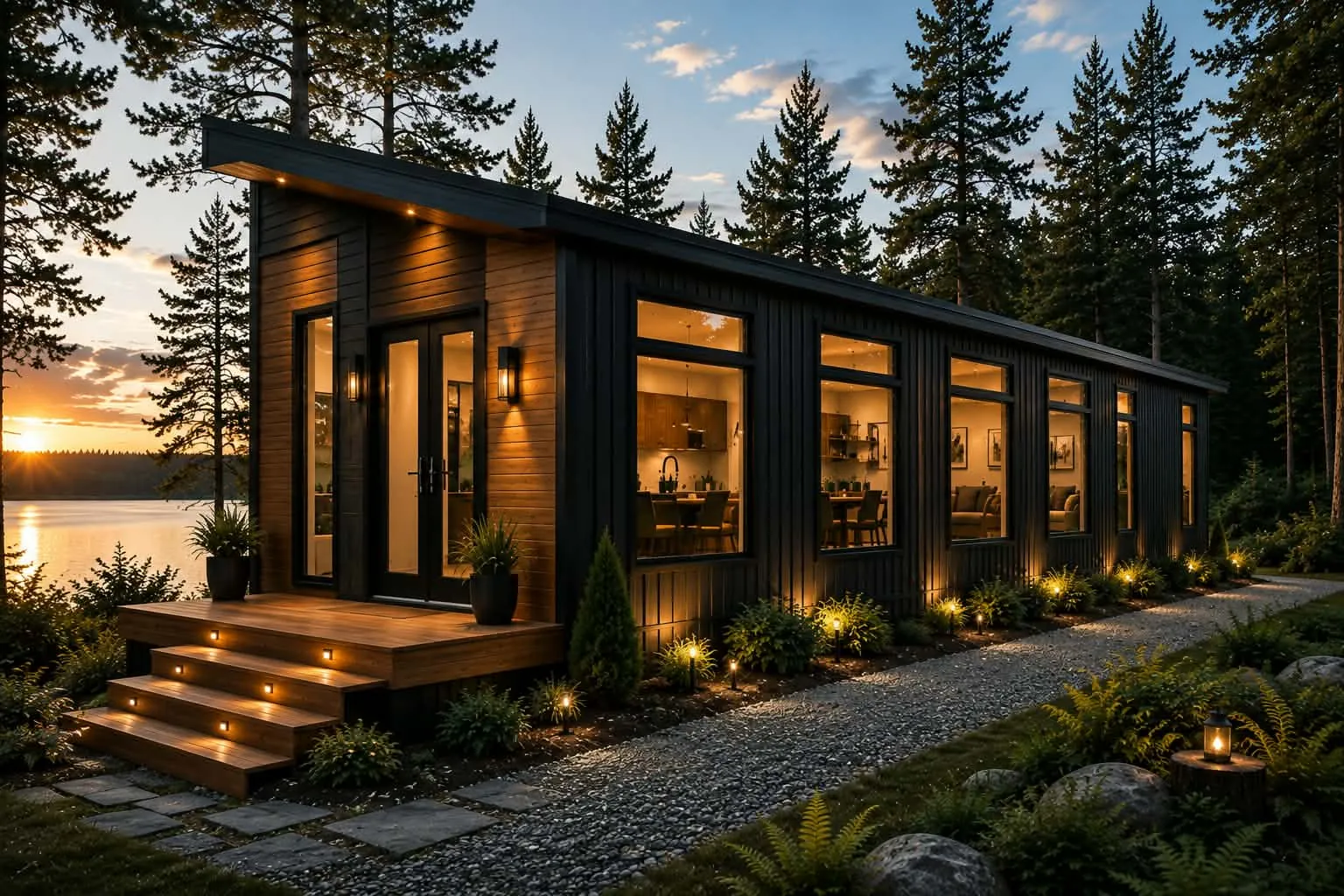 Longue mini-maison noire avec entrée en bois et grandes fenêtres, au coucher du soleil