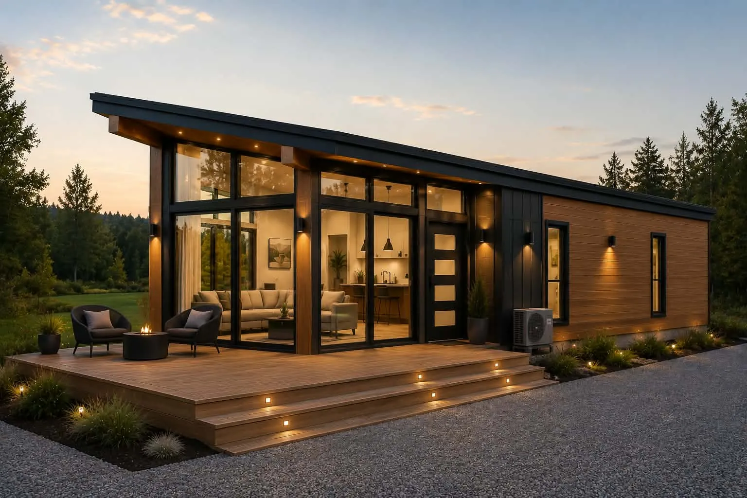 Mini-maison moderne au toit monopente, grande fenestration et terrasse avec foyer extérieur