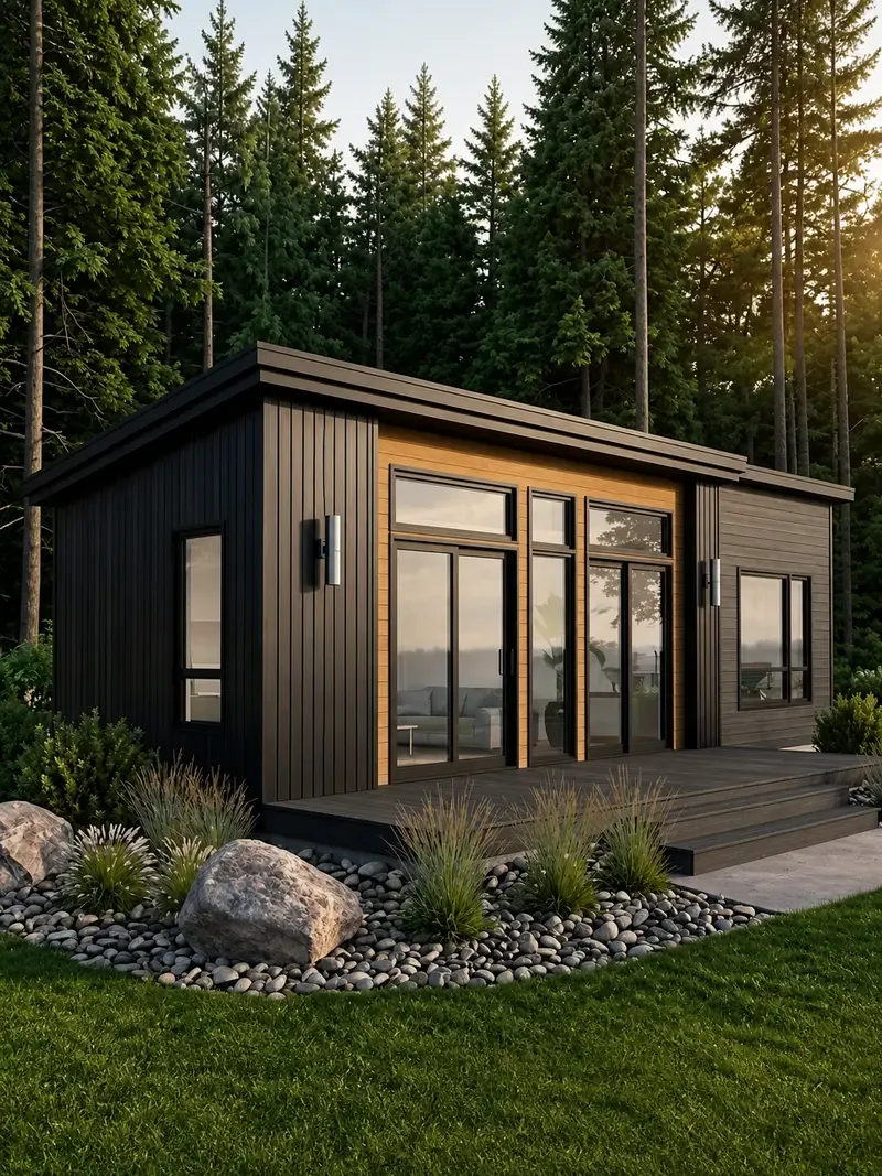 Mini-maison noire et bois avec grande fenestration et terrasse, en forêt