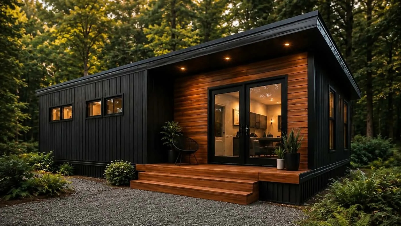 Mini-maison préfabriquée noire avec entrée en bois de cèdre, installée comme unité d'habitation accessoire