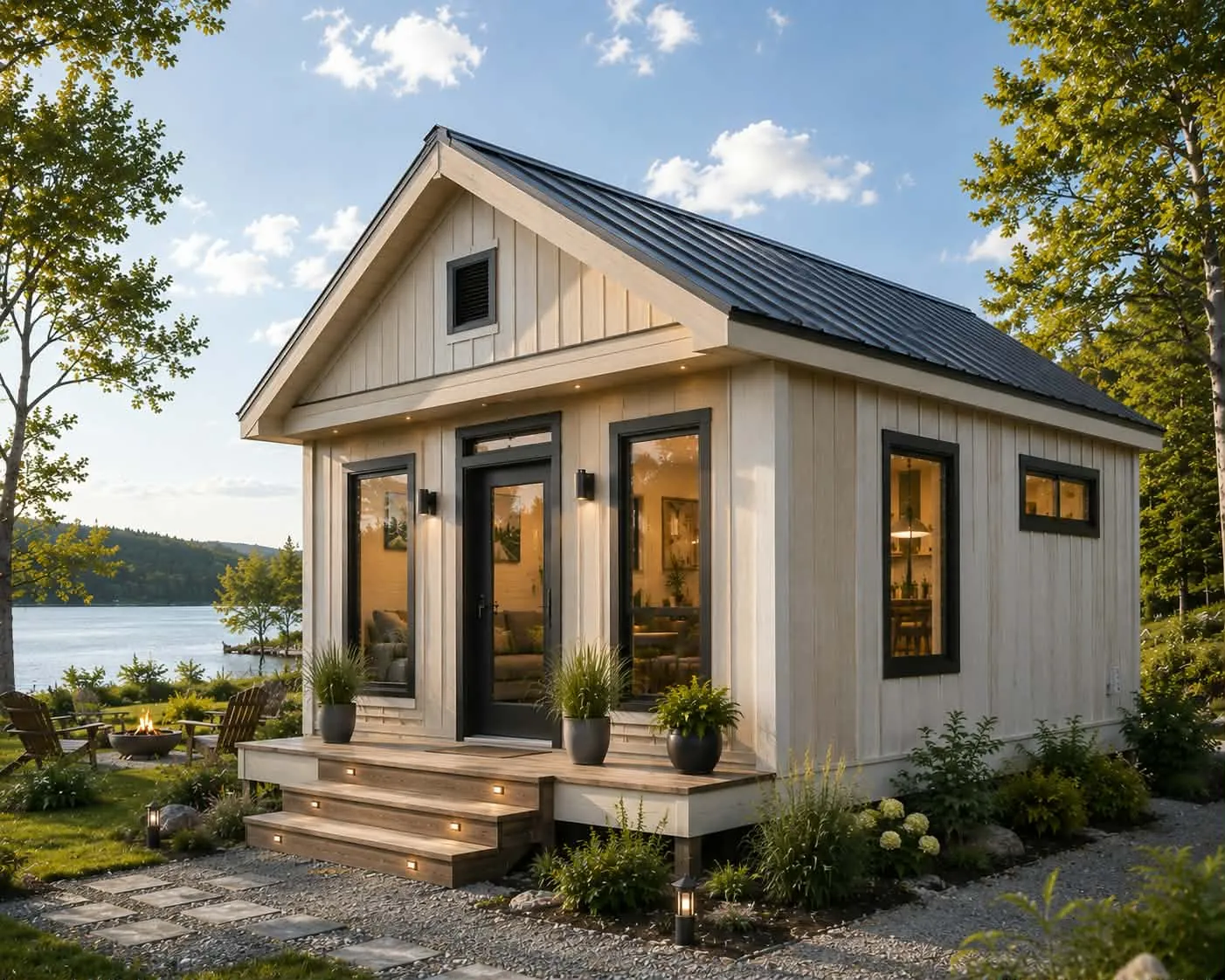 Petite maison crème avec toit métallique et galerie, près d'un lac